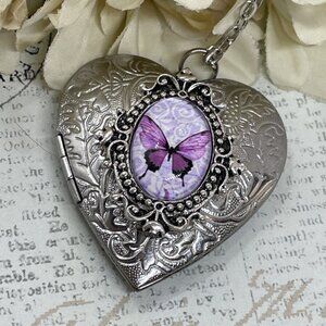 Silver Heart Locket Necklace Purple Butterfly Anniversary Gift Wife Mom Photo